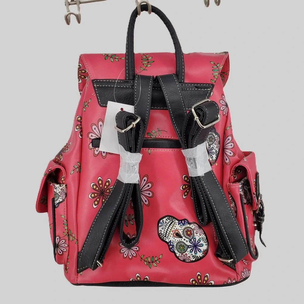 Sugar Skull Backpack Purse Pink‎ Floral Day of the Dead Conceal Carry Drawstring